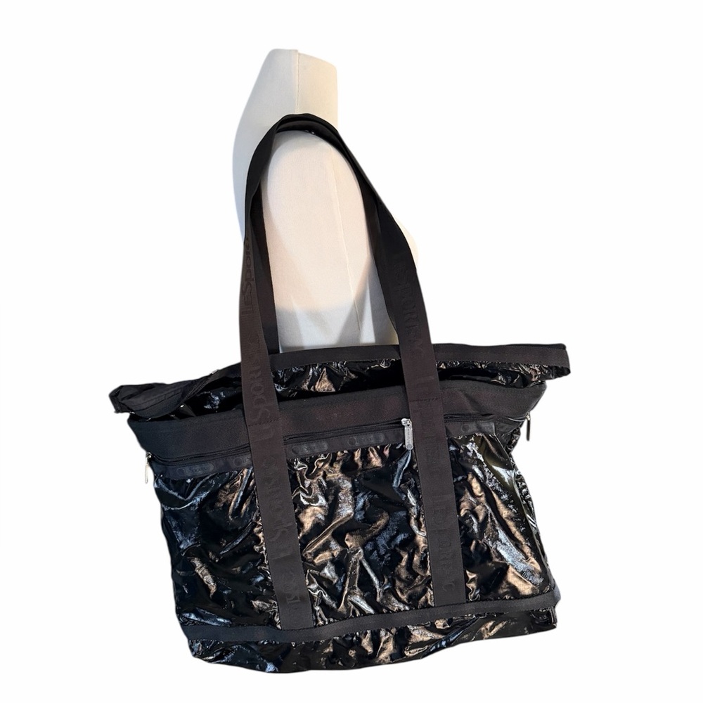 Lesportsac Black Patent Tote Bag with Long Straps Roomy weekender gym carry on